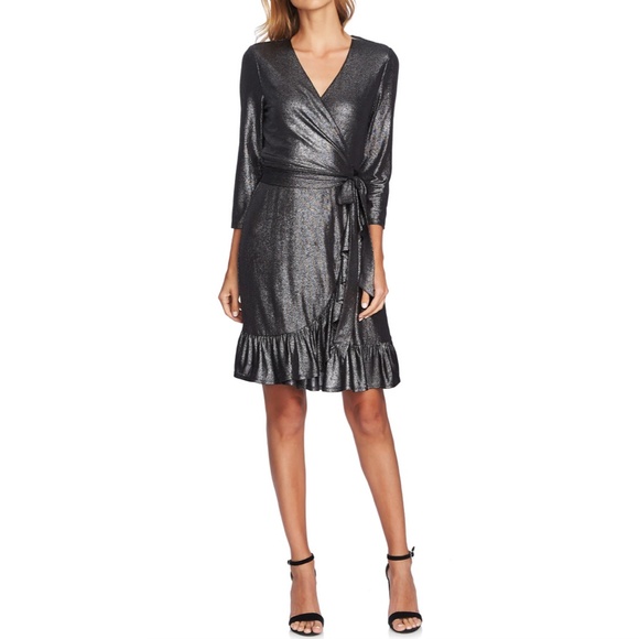 NWT CECE Metallic Shimmer Ruffle Long Sleeve Wrap Dress - Picture 3 of 7